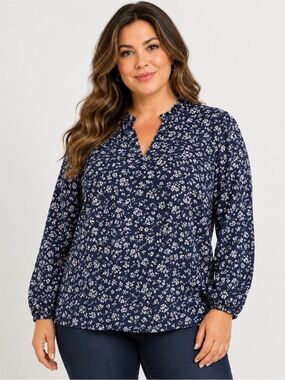 J.Crew Factory V-Neck Crinkle Top in Black with White Floral Print Size 3XL